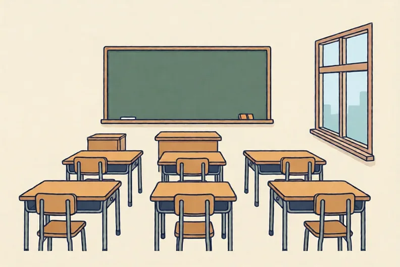 An empty school classroom with desks, a blackboard and a window