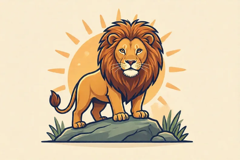 A brave lion standing on a rock in warm sunshine
