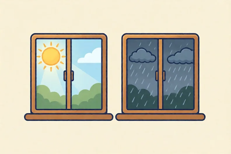 Two classroom windows side by side, one showing bright sunshine and one showing dark rain clouds