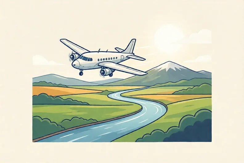 A small aeroplane flying above green fields and a winding river toward a far hill