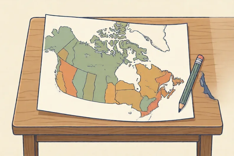 A paper map of Canada lying flat on a kitchen table beside a pencil