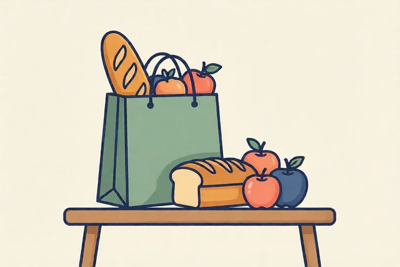 A shopping bag on a table with a loaf of bread and some apples
