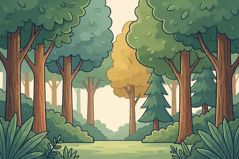 A green forest with tall trees and no people