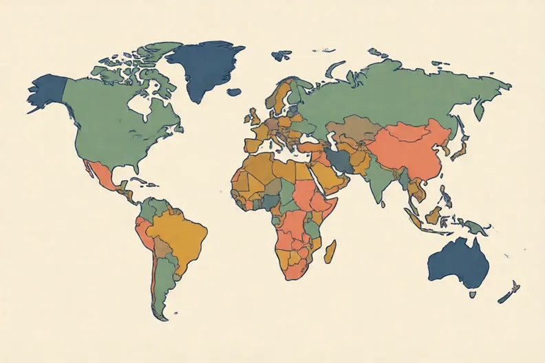 A world map with north at the top, with Europe and Africa in different colours
