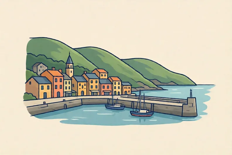 A small coastal town with a harbour wall and green hills behind it, with no people