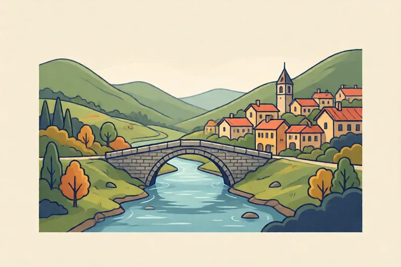A river valley with a stone bridge and a town on the slope, with no people
