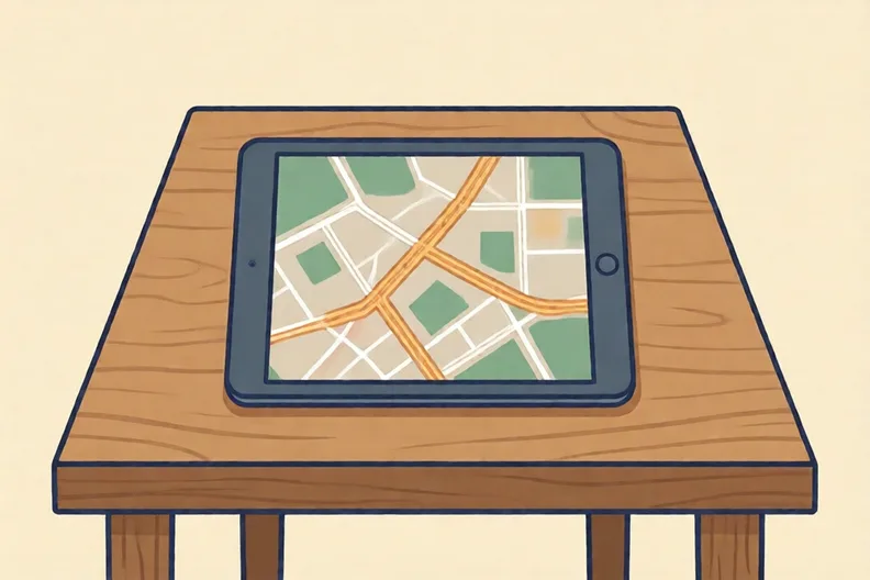 A tablet lying flat on a table showing a simple map of roads and green spaces.