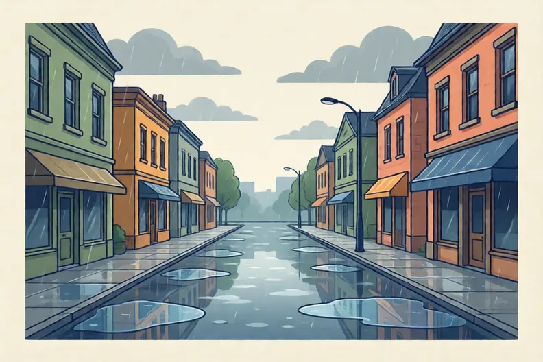 A grey street with puddles after rain, with no people