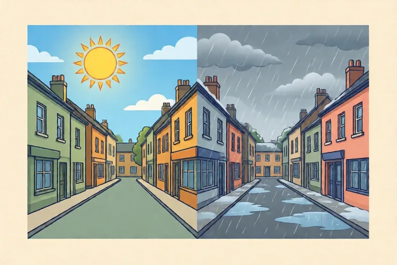 The same town shown twice, sunny on a summer day and grey and wet in winter, no people