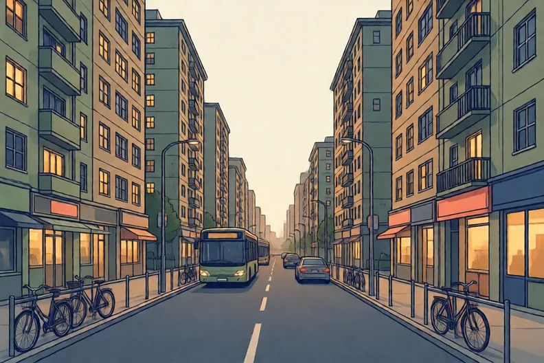 A busy city street with tall flats, lit windows and parked bicycles, with no people