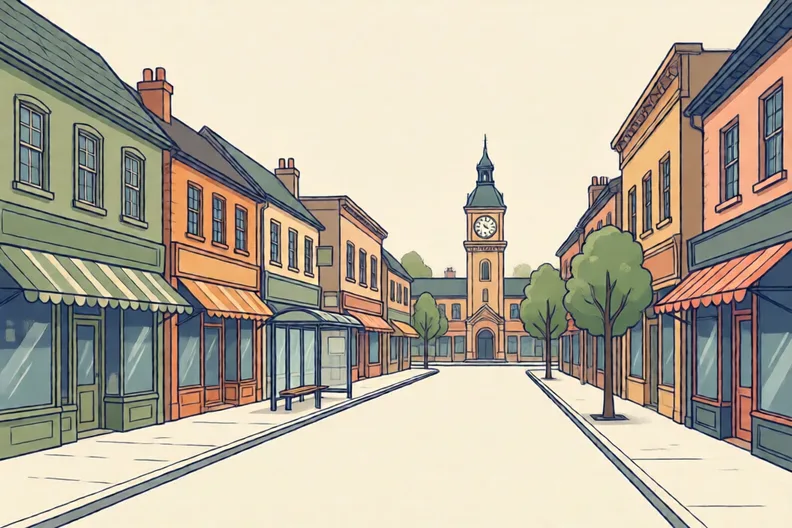 A small town high street with a row of shops and a bus stop, with no people