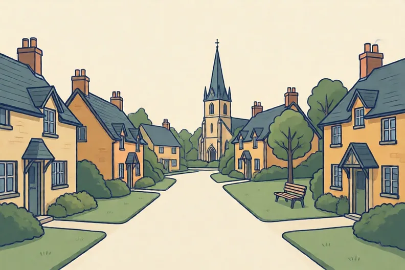 A quiet village lane with cottages, a small church spire and a green