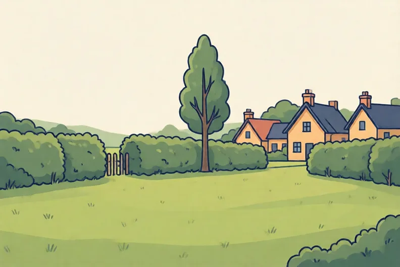 A grassy field at the edge of a village with hedges and a single tree
