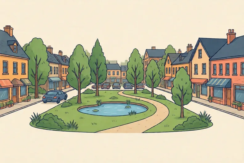 A small town street where an old car park has become a grassy park with a pond