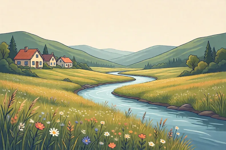 A river valley with a few new houses on one slope and a wide wild meadow beside the river