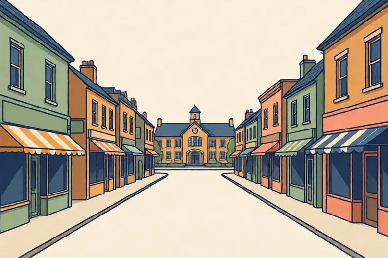 A quiet high street with a school at the end and small shops along one side