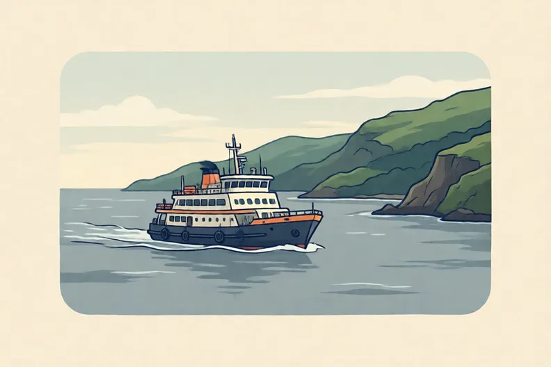 A ferry crossing a grey sea between two green shores