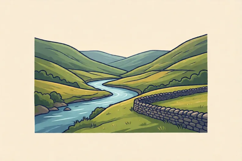 Green hills and a river valley under a cloudy sky