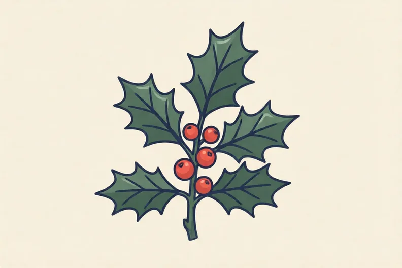 A holly bush with dark green shiny spiky leaves and red berries