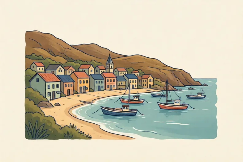 A small seaside village with boats on the sand and dry hills behind