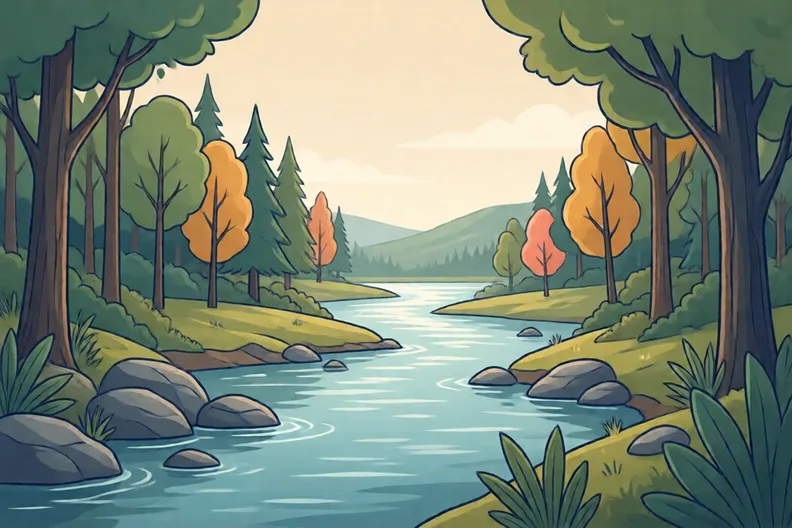 A quiet river running past a forest of tall trees on a sunny day