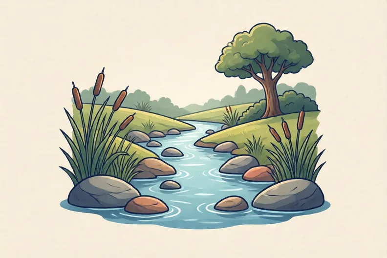 A stream over smooth rocks with reeds growing on the bank
