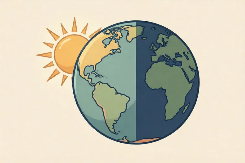 The sun on one side of a globe, with the half of the globe facing it lit