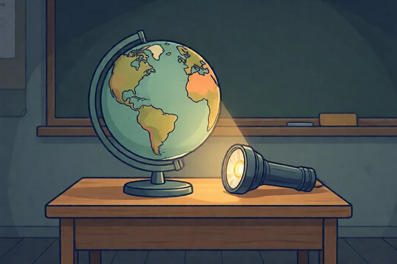 A classroom globe on a desk in a dim room, lit from one side by a torch