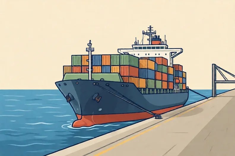 A large container ship docked beside a quay