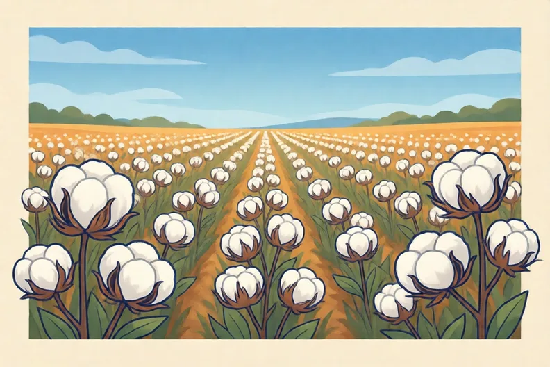 Rows of cotton plants in a warm field under a blue sky