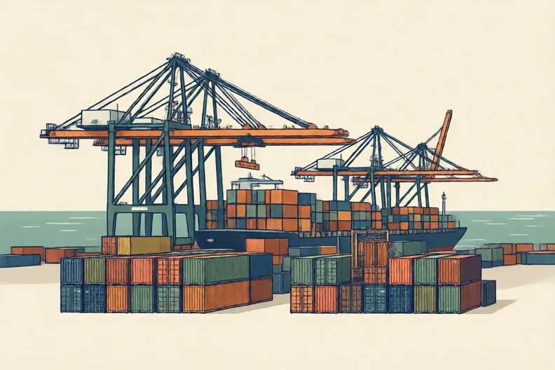 Cranes beside stacked containers at a busy port