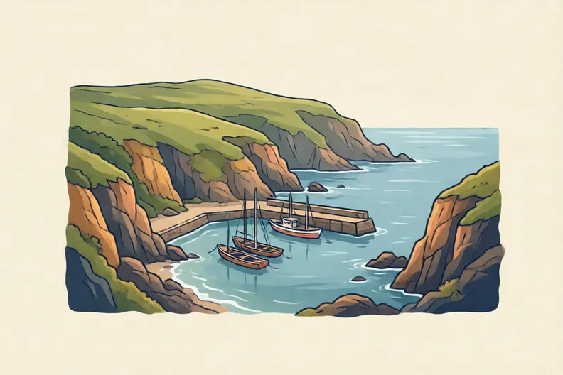 A rocky coast with cliffs, a small harbour and a grassy hill above the sea