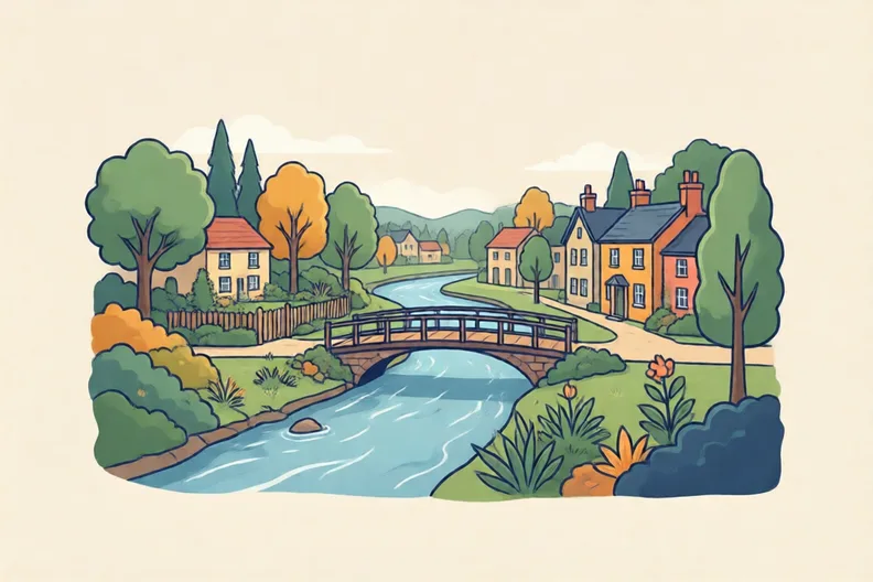 A river flowing past the back of a small town with bridges and trees