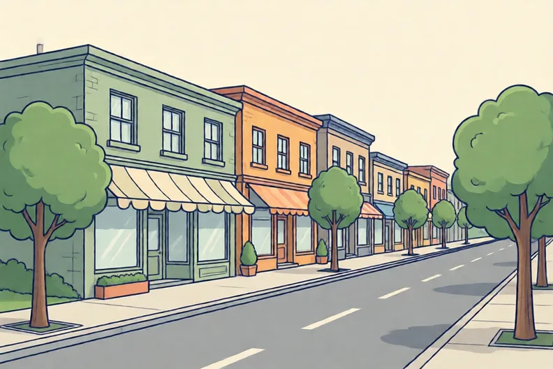 A town street with a row of shop fronts, round trees on the pavement and a grey road, with no people.