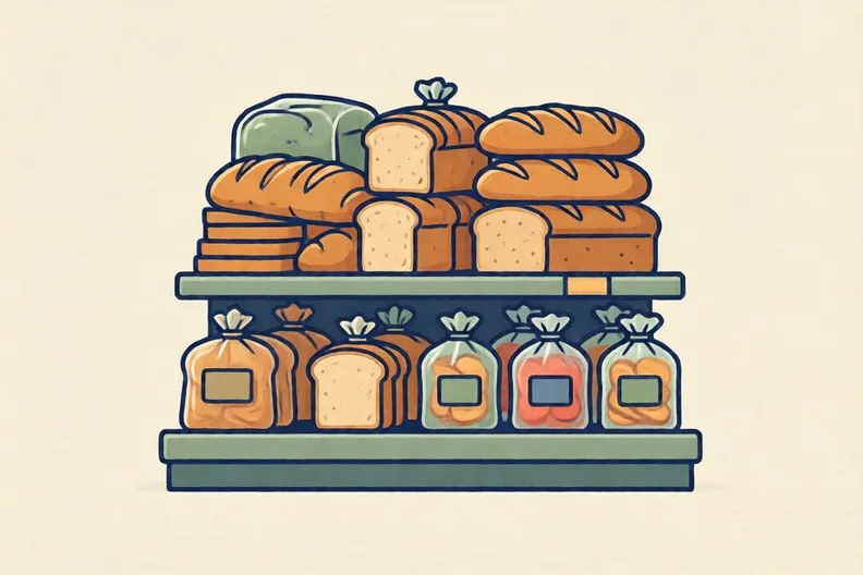 A shop shelf stacked with sliced loaves in plastic bags, no people