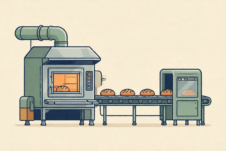 A bakery factory hall with a long line of bread ovens and conveyor belts