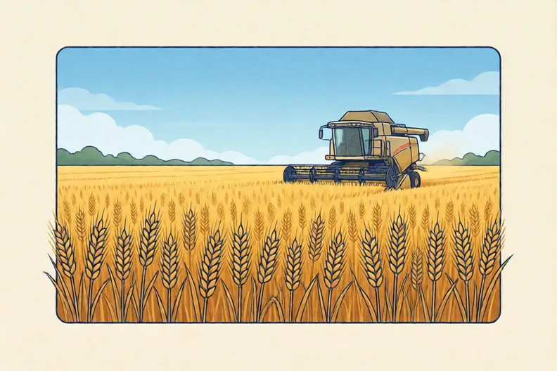 A golden wheat field at the edge of a farm, with a combine harvester far off