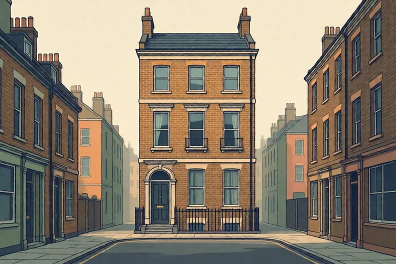 A tall brick house in a quiet London street, with no people