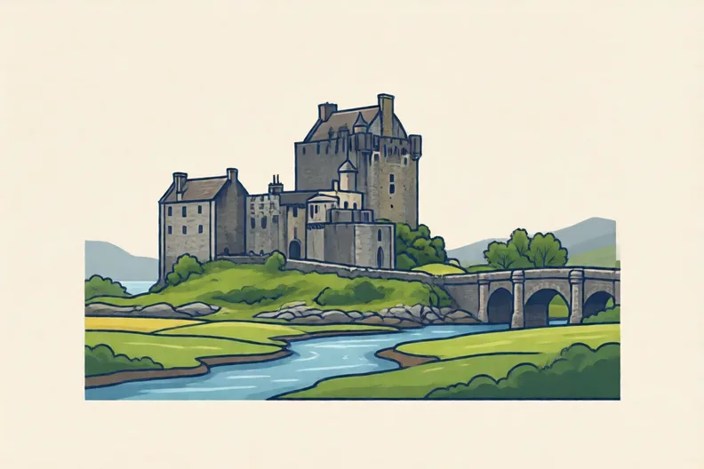 A grey stone castle on a hill beside a river and green fields