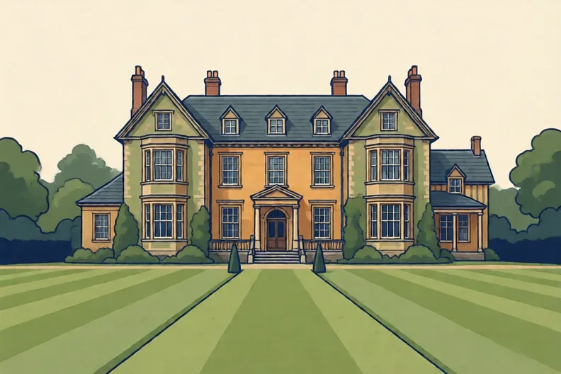 A large old house with tall windows and a long green lawn