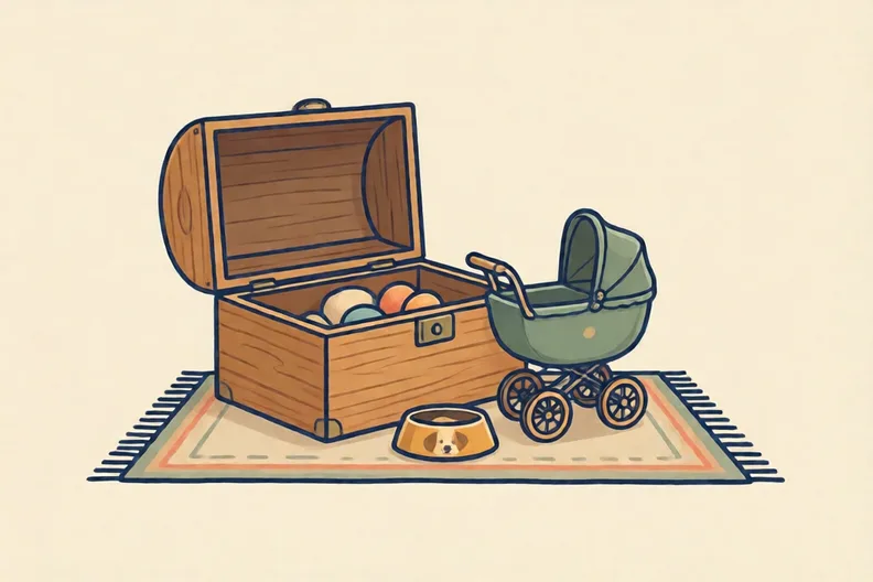 An open wooden toy box with a doll's pram and a dog's bowl beside it