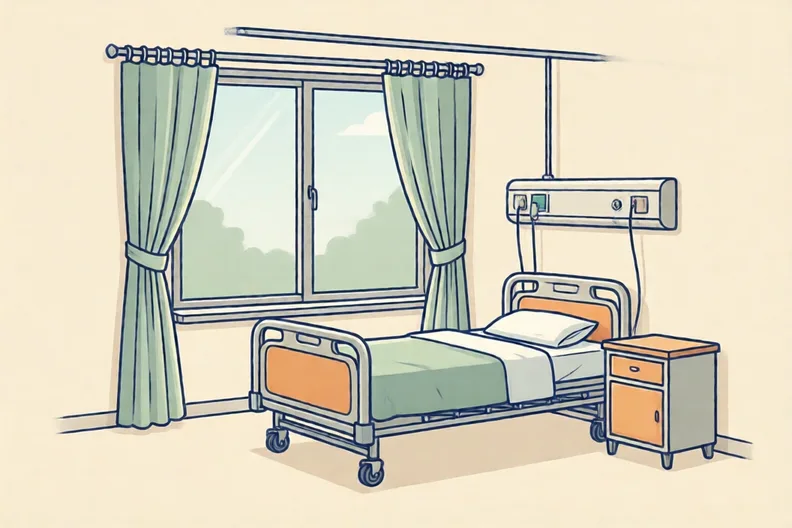 An empty hospital ward with a made bed and pale curtains by a window