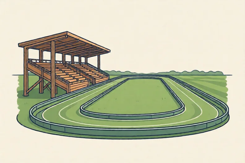 An empty green grass racecourse with wooden stands along one side.
