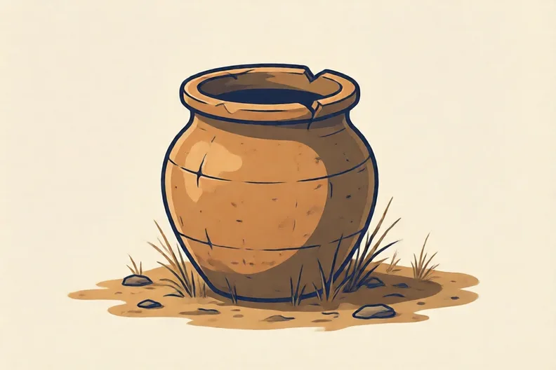An old clay pot with a chipped rim, set on dry ground