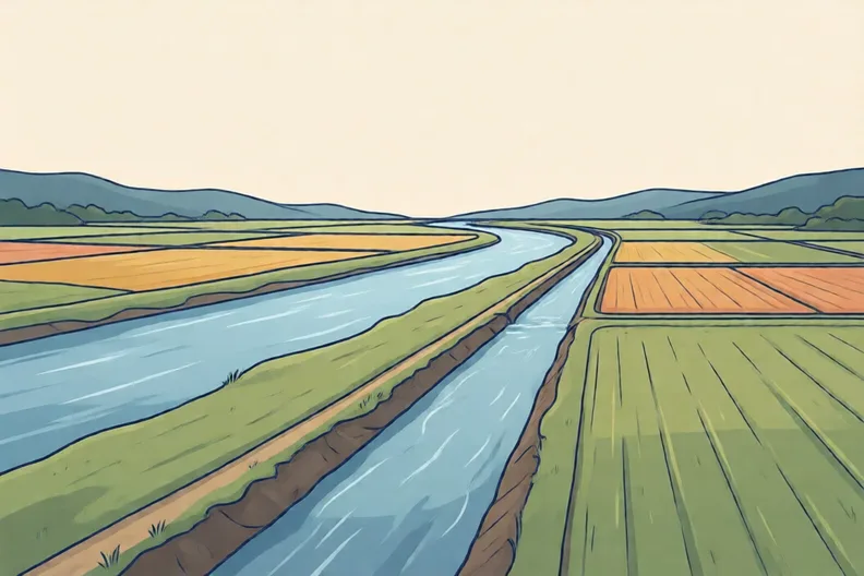 Wide fields beside a river, with a dug ditch running from it