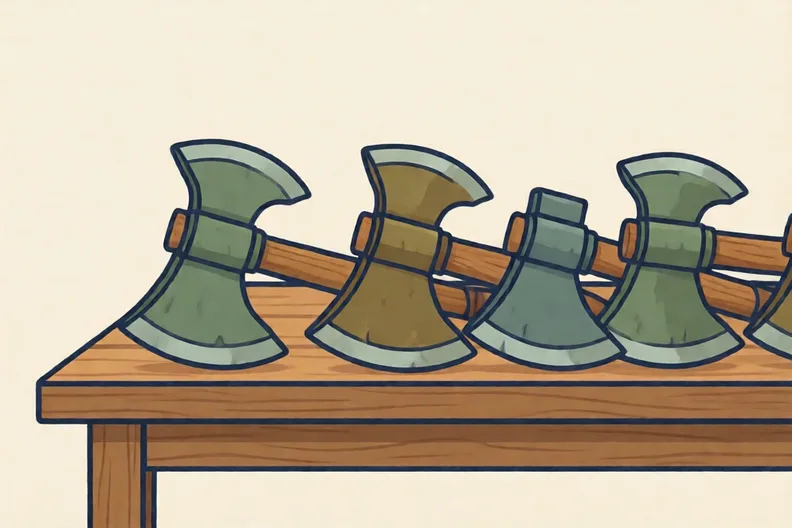 A row of bronze axe heads on a wooden table