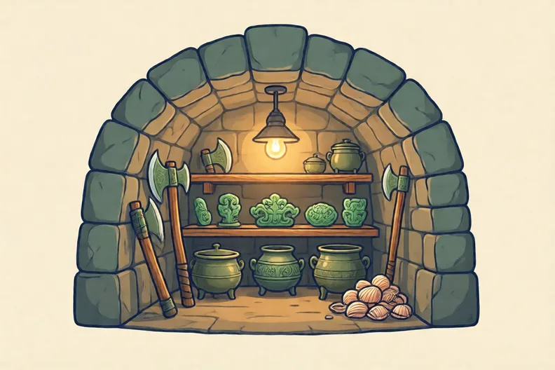 An underground tomb room with bronze axe heads, jade carvings and bronze pots on wooden shelves