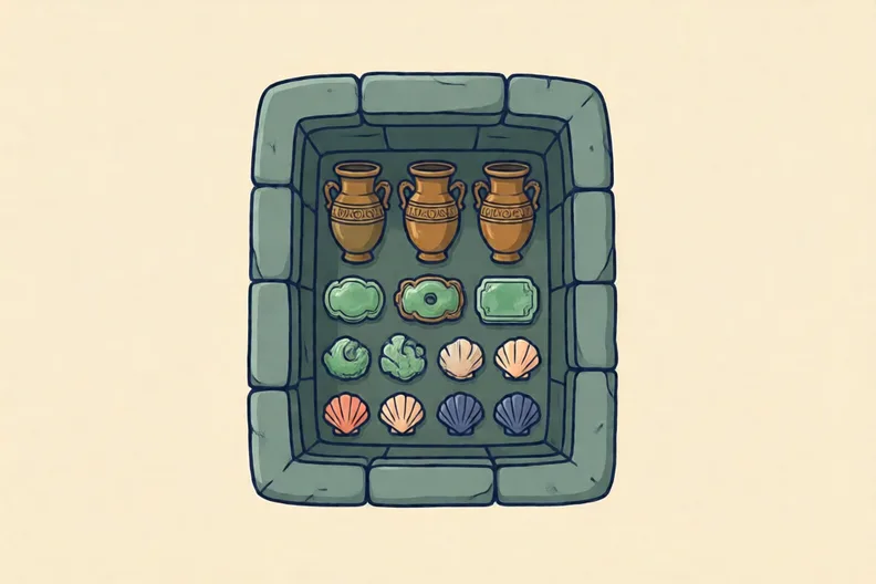 A tomb chamber seen from above with objects laid out in rows