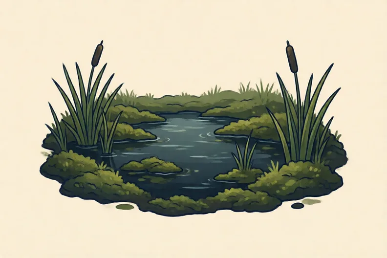 A cold, wet peat bog with dark water and green moss, with no people