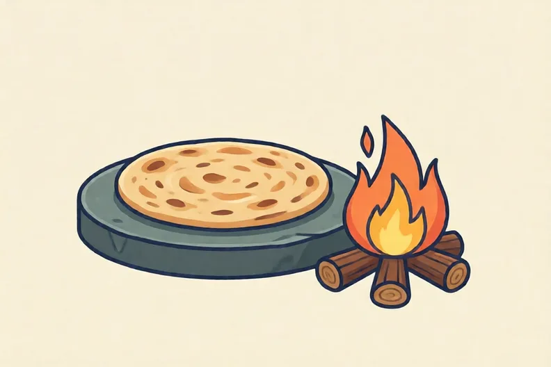 A round flatbread baked on a hot stone beside a small fire, with no people
